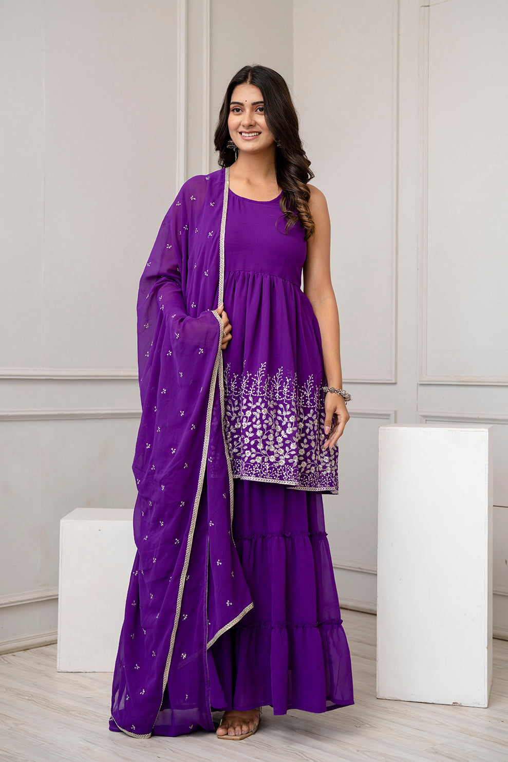 Purple Embroidered Kurti and Sharara Set With Dupatta | LASVINI - Redefining Indian Fashion with Elegance