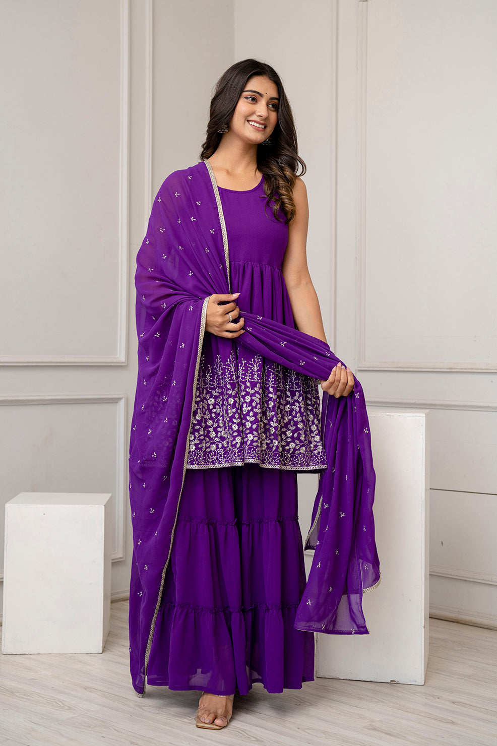 Purple Embroidered Kurti and Sharara Set With Dupatta | LASVINI - Redefining Indian Fashion with Elegance