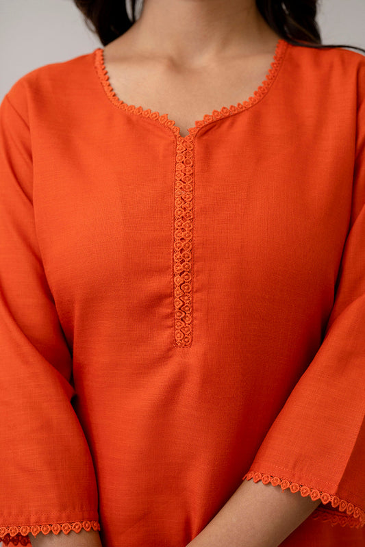 Orange Straight Kurta Set With Net Dupatta for Women | LASVINI - Redefining Indian Fashion with Elegance