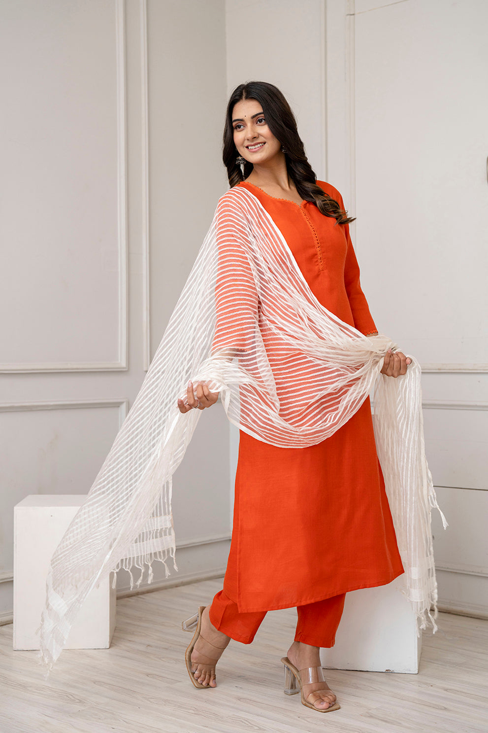 Orange Straight Kurta Set With Net Dupatta for Women | LASVINI - Redefining Indian Fashion with Elegance