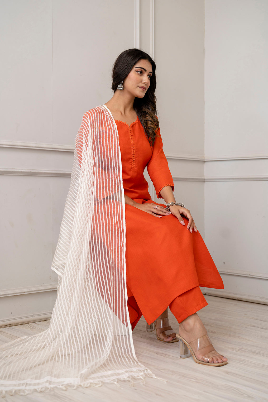 Orange Straight Kurta Set With Net Dupatta for Women | LASVINI - Redefining Indian Fashion with Elegance
