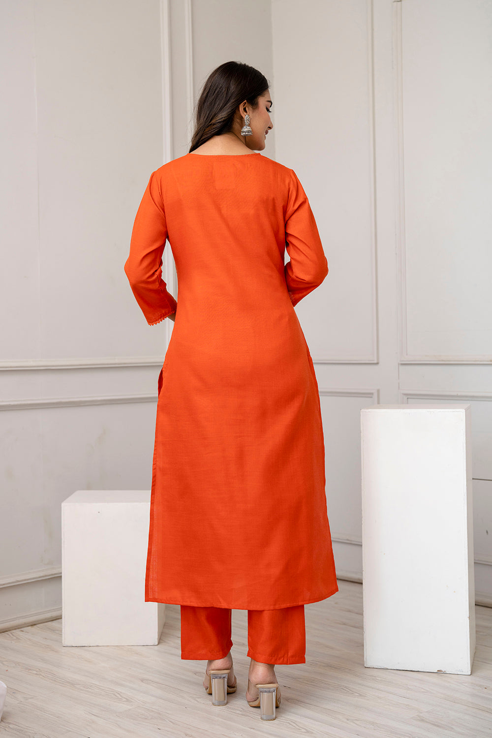 Orange Straight Kurta Set With Net Dupatta for Women | LASVINI - Redefining Indian Fashion with Elegance