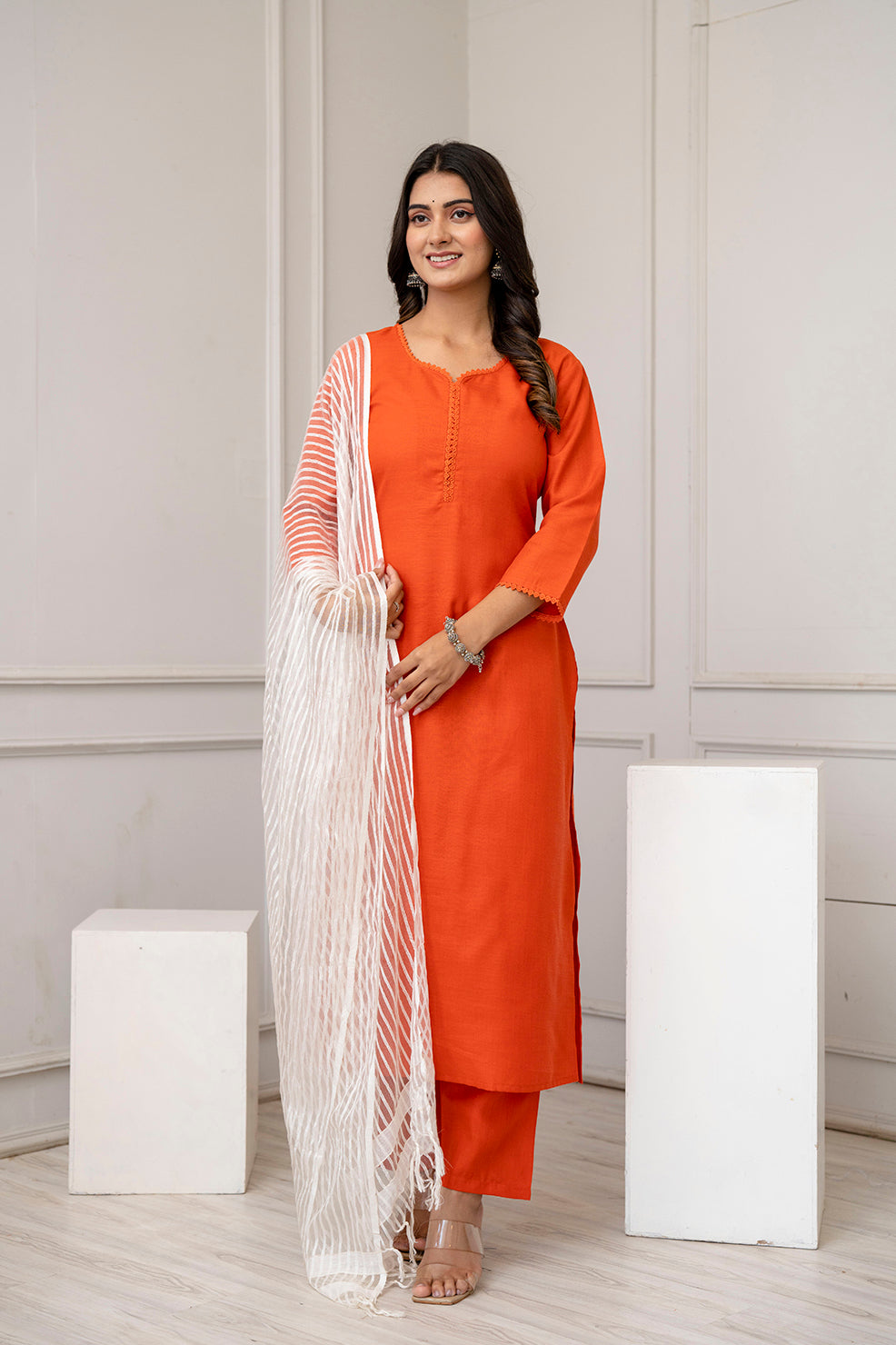 Orange Straight Kurta Set With Net Dupatta for Women | LASVINI - Redefining Indian Fashion with Elegance