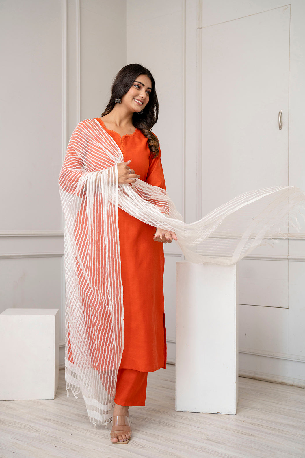 Orange Straight Kurta Set With Net Dupatta for Women | LASVINI - Redefining Indian Fashion with Elegance