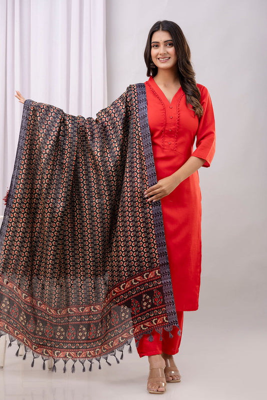 Red Straight Kurta Set With Printed Dupatta for Women | LASVINI - Redefining Indian Fashion with Elegance