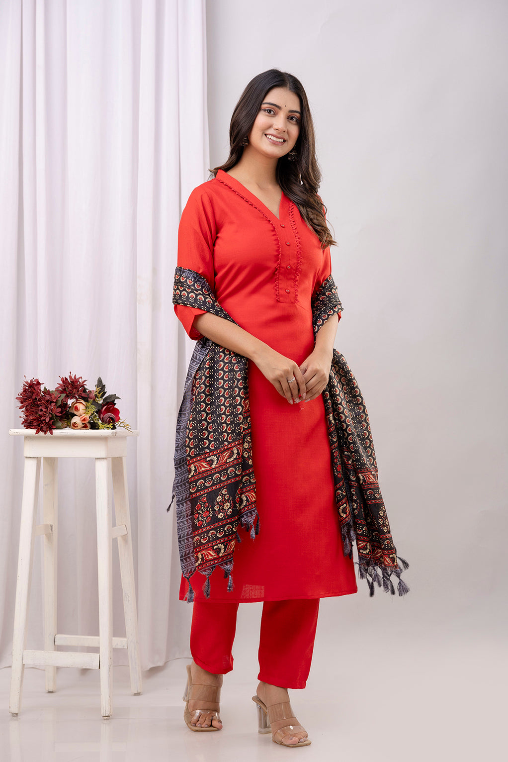 Red Straight Kurta Set With Printed Dupatta for Women | LASVINI - Redefining Indian Fashion with Elegance