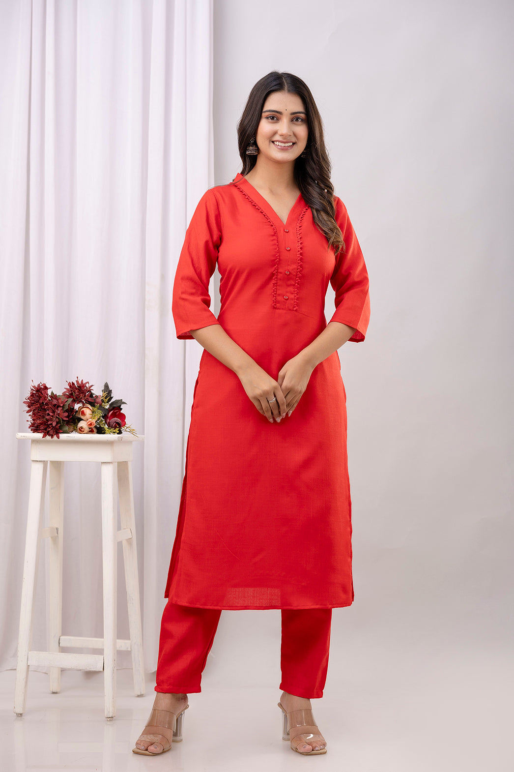 Red Straight Kurta Set With Printed Dupatta for Women | LASVINI - Redefining Indian Fashion with Elegance