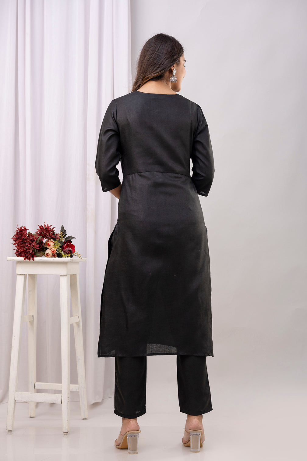 Black Straight Kurta Set With Printed Dupatta for Women | LASVINI - Redefining Indian Fashion with Elegance