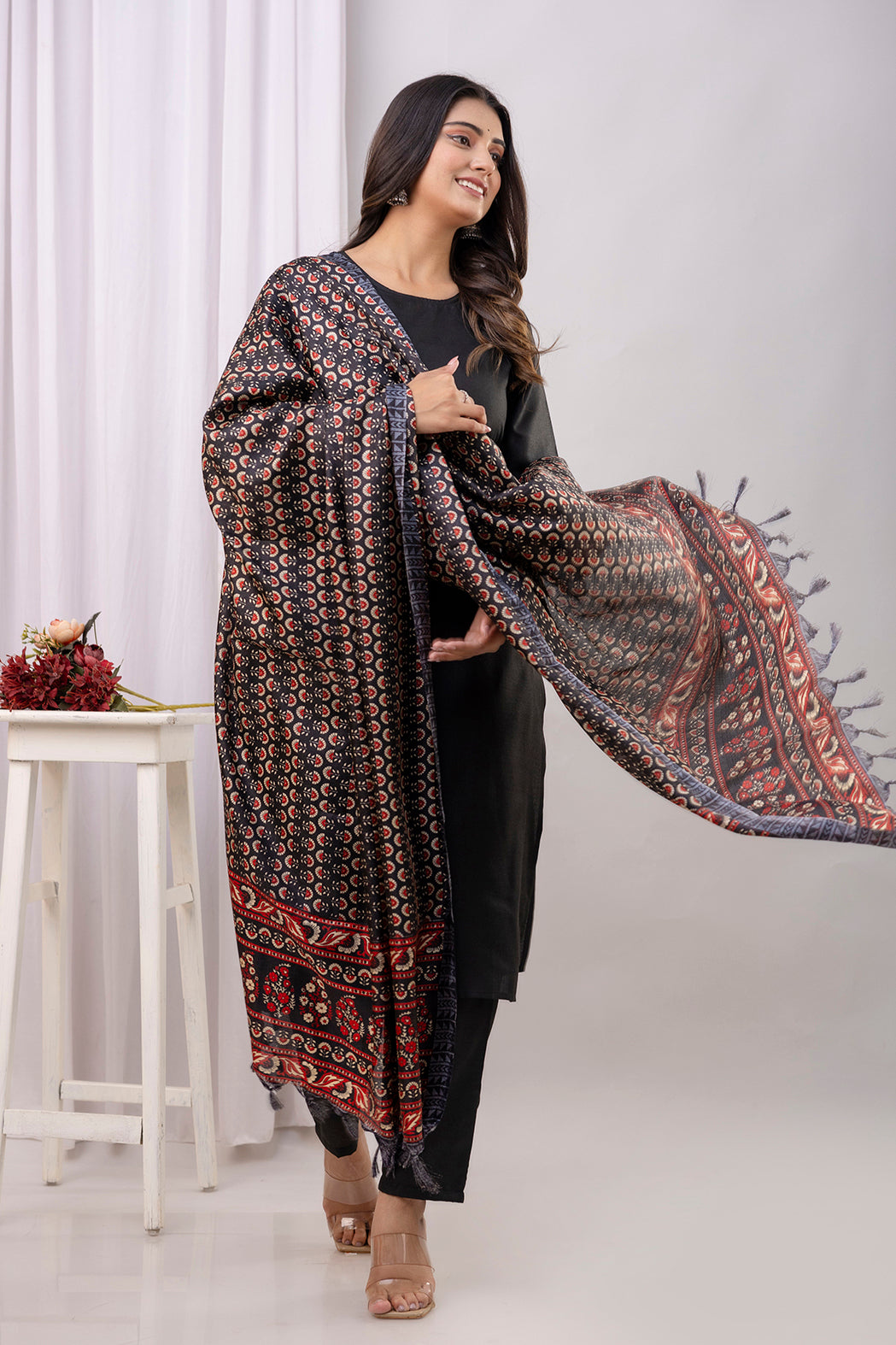 Black Straight Kurta Set With Printed Dupatta for Women | LASVINI - Redefining Indian Fashion with Elegance