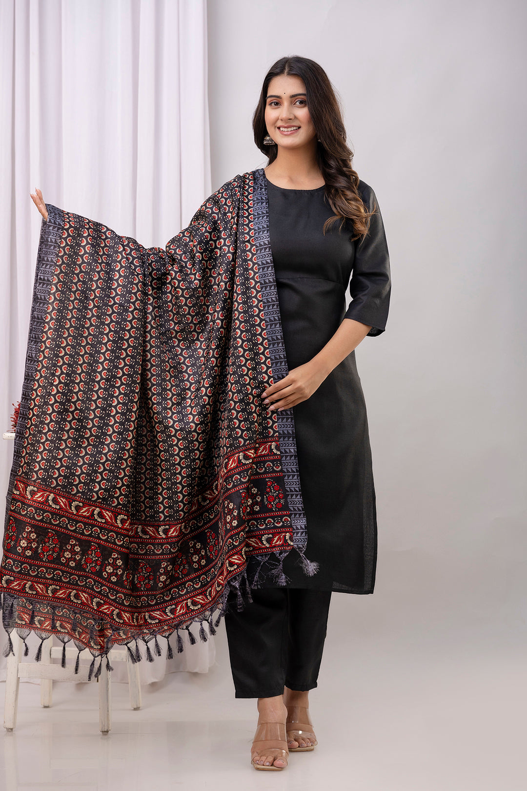 Black Straight Kurta Set With Printed Dupatta for Women | LASVINI - Redefining Indian Fashion with Elegance