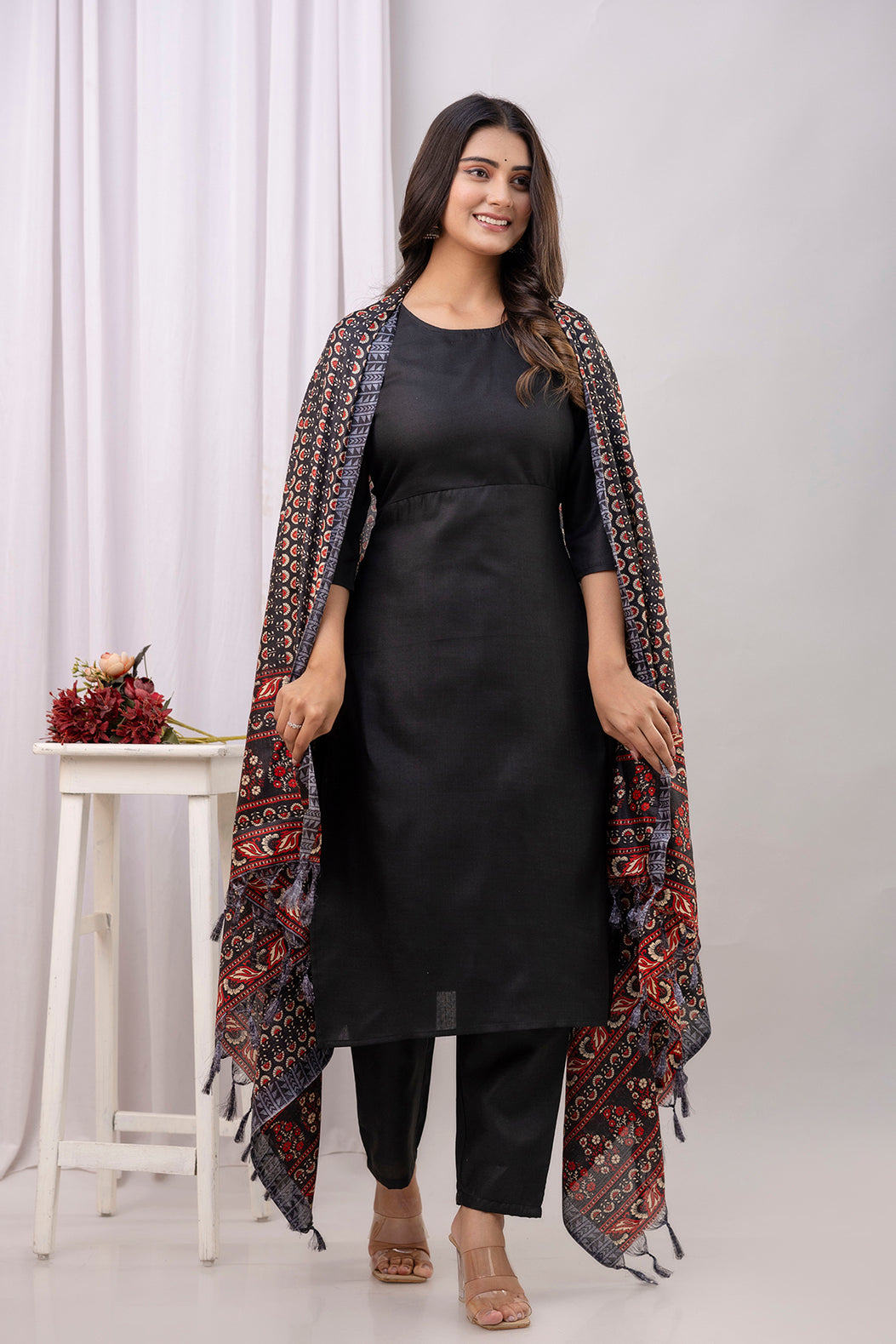 Black Straight Kurta Set With Printed Dupatta for Women | LASVINI - Redefining Indian Fashion with Elegance