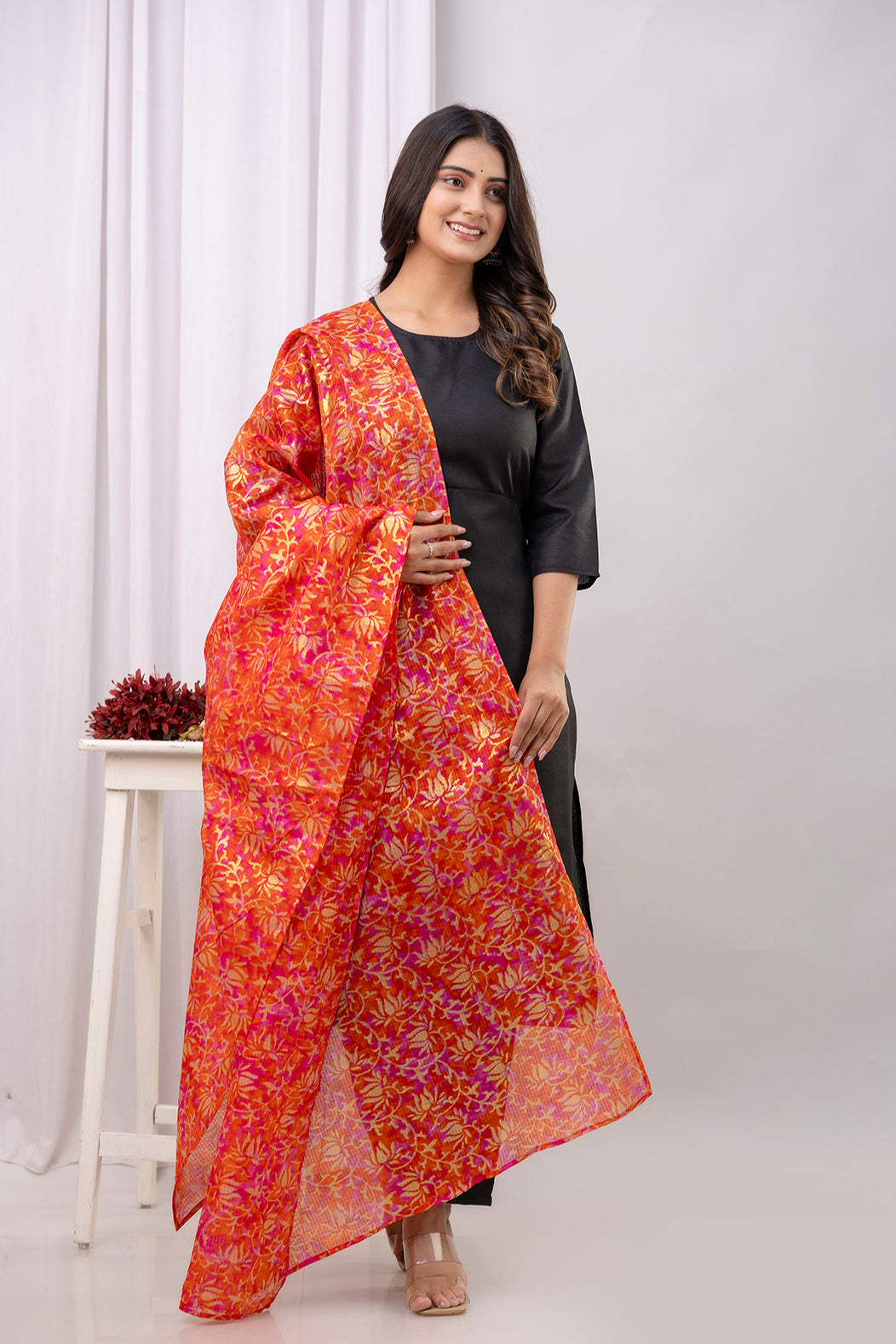 Black Straight Kurta Set With Printed Dupatta for Women | LASVINI - Redefining Indian Fashion with Elegance