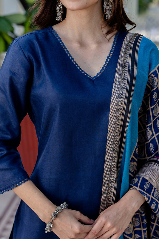 Navy Blue Straight Kurta Set With Printed Dupatta for Women | LASVINI - Redefining Indian Fashion with Elegance