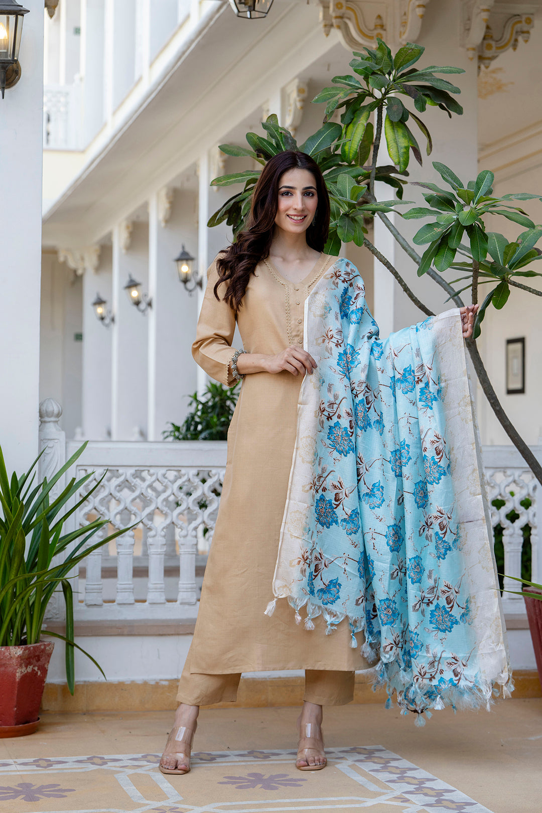 Beige Straight Kurta Set With Printed Dupatta for Women | LASVINI - Redefining Indian Fashion with Elegance