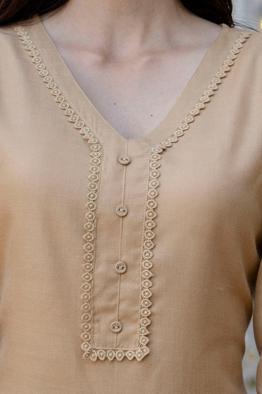 Beige Straight Kurta Set With Printed Dupatta for Women | LASVINI - Redefining Indian Fashion with Elegance