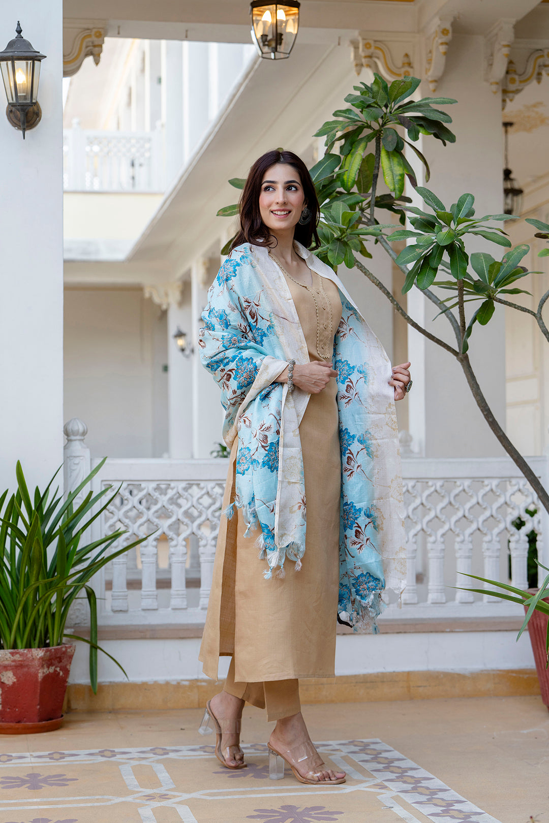 Beige Straight Kurta Set With Printed Dupatta for Women | LASVINI - Redefining Indian Fashion with Elegance