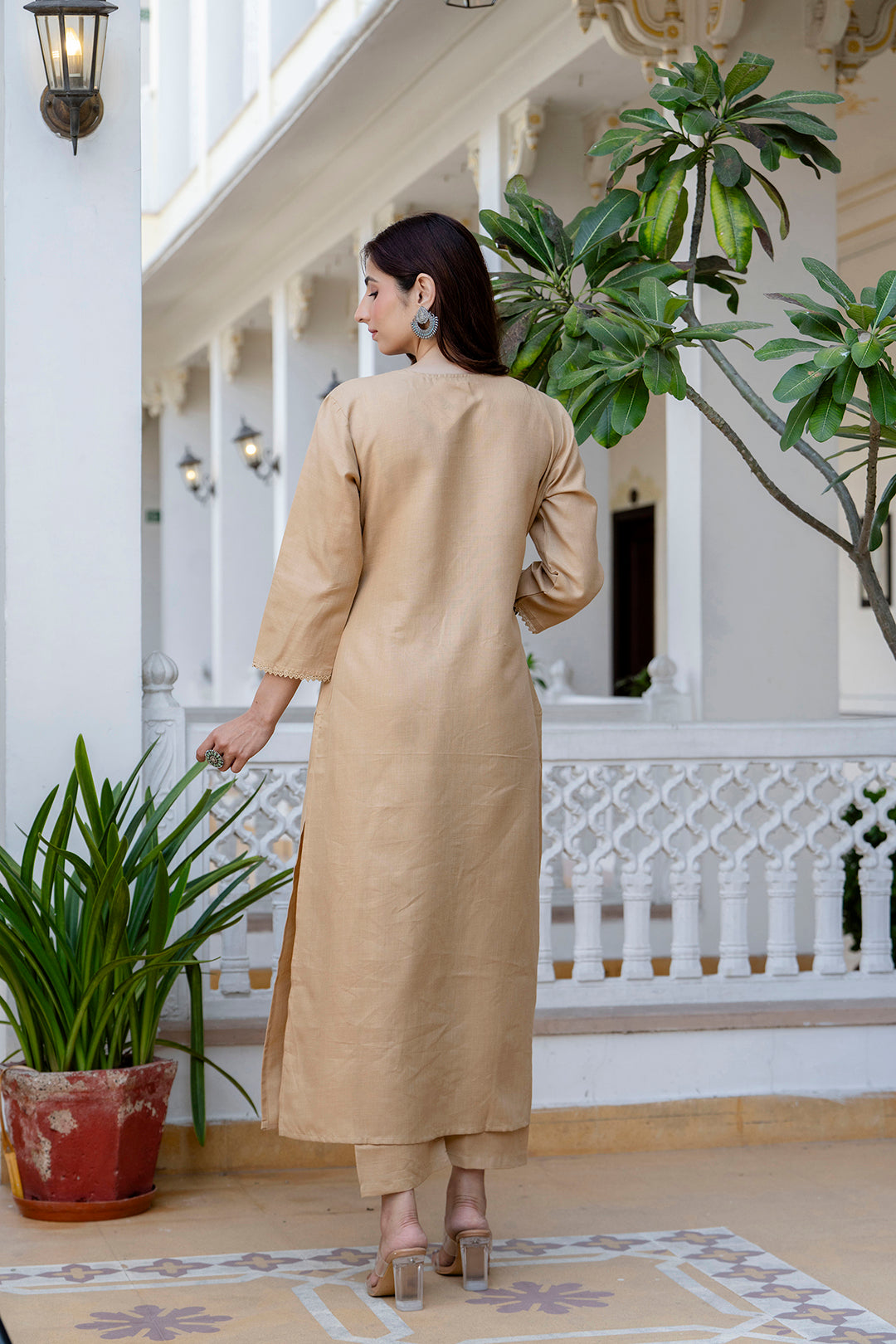 Beige Straight Kurta Set With Printed Dupatta for Women | LASVINI - Redefining Indian Fashion with Elegance