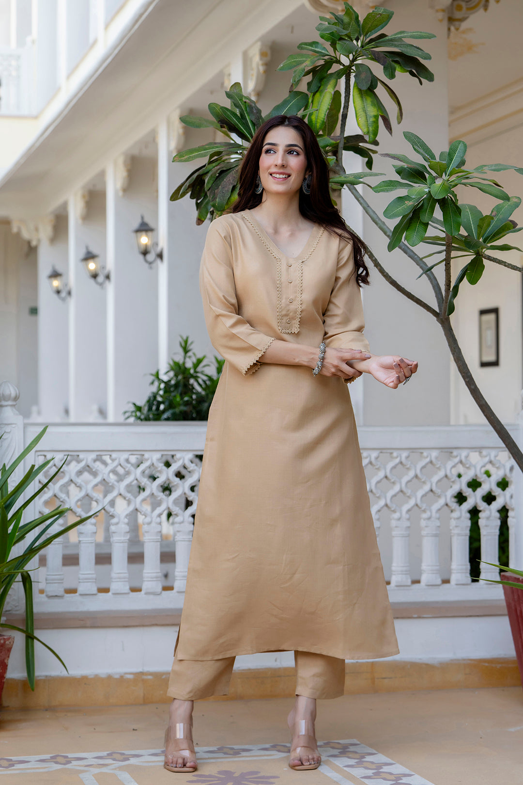 Beige Straight Kurta Set With Printed Dupatta for Women | LASVINI - Redefining Indian Fashion with Elegance