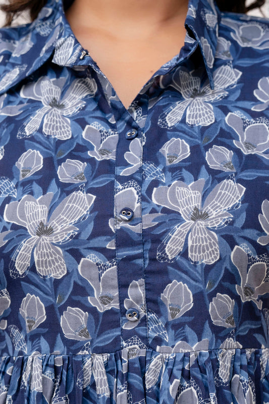 Women Navy Blue Printed midi Dress with Short Sleeves | LASVINI - Redefining Indian Fashion with Elegance