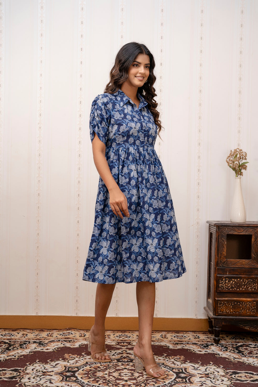 Women Navy Blue Printed midi Dress with Short Sleeves | LASVINI - Redefining Indian Fashion with Elegance