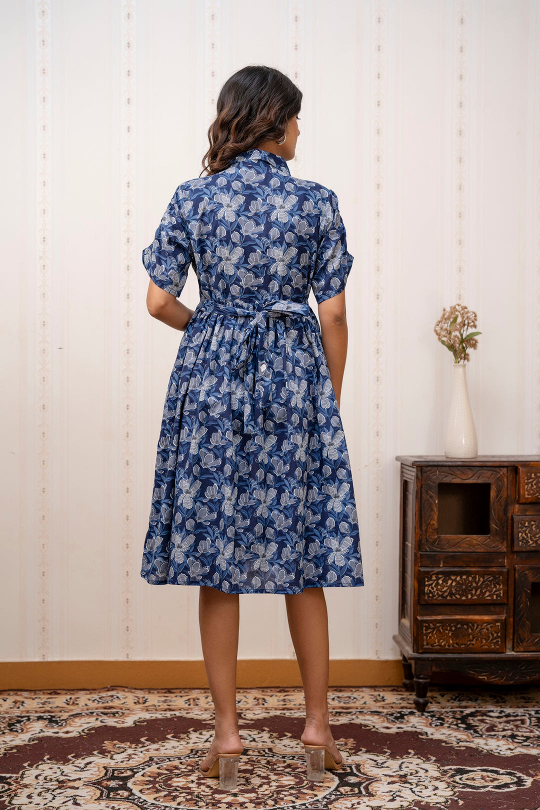 Women Navy Blue Printed midi Dress with Short Sleeves | LASVINI - Redefining Indian Fashion with Elegance