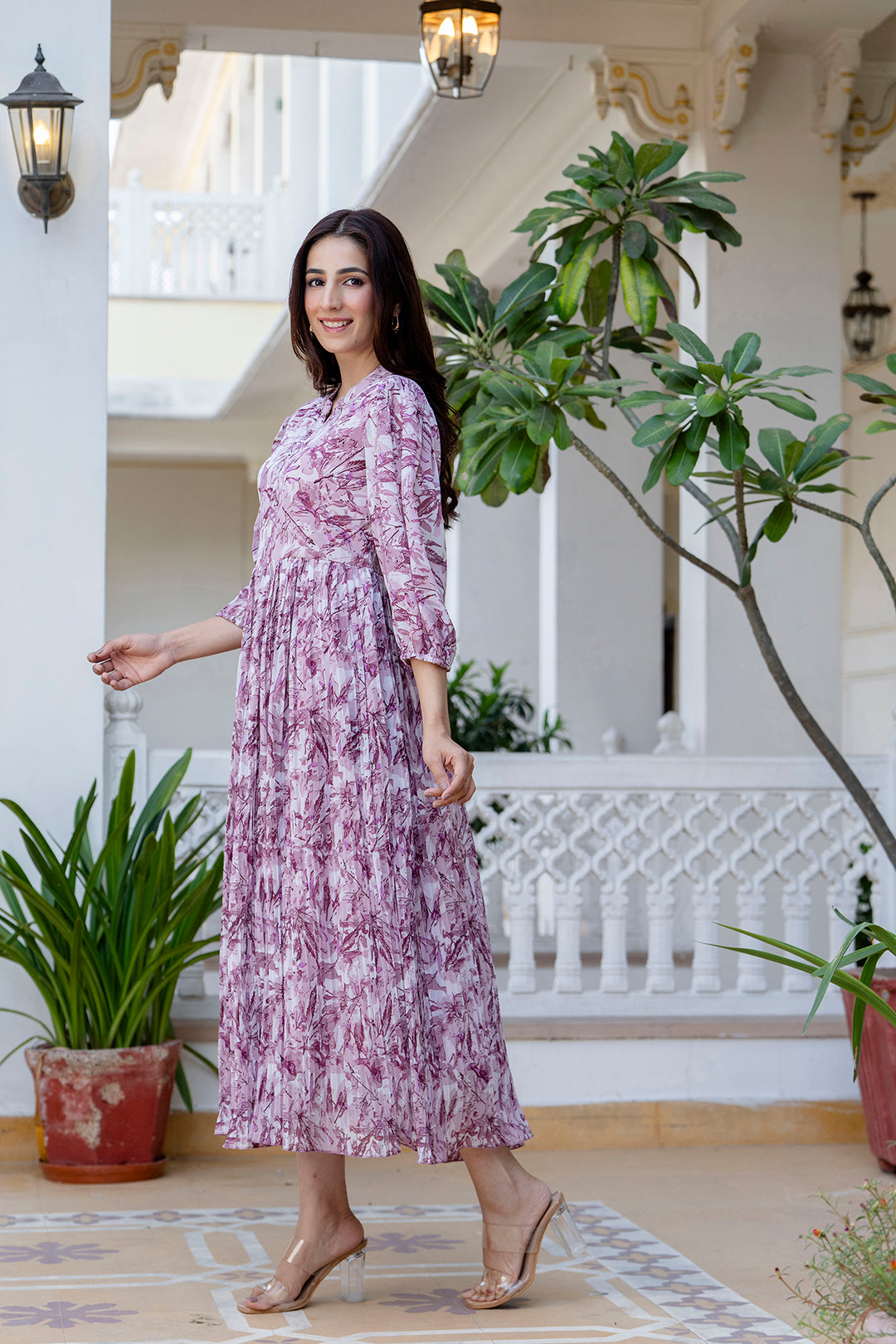 Women Mauve Georgette Pleated Dress | LASVINI - Redefining Indian Fashion with Elegance