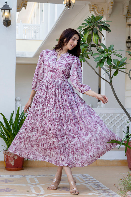 Women Mauve Georgette Pleated Dress | LASVINI - Redefining Indian Fashion with Elegance