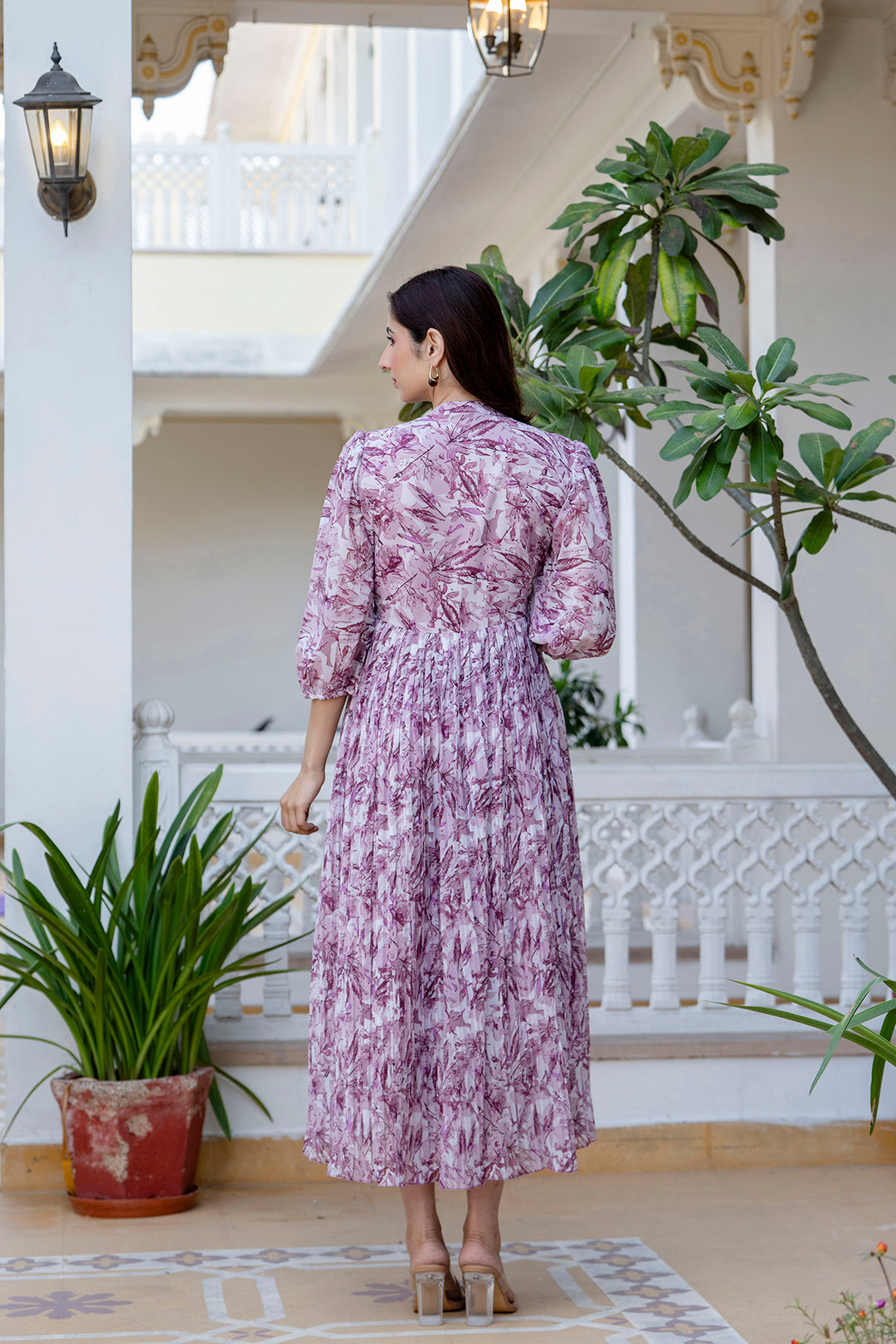 Women Mauve Georgette Pleated Dress | LASVINI - Redefining Indian Fashion with Elegance