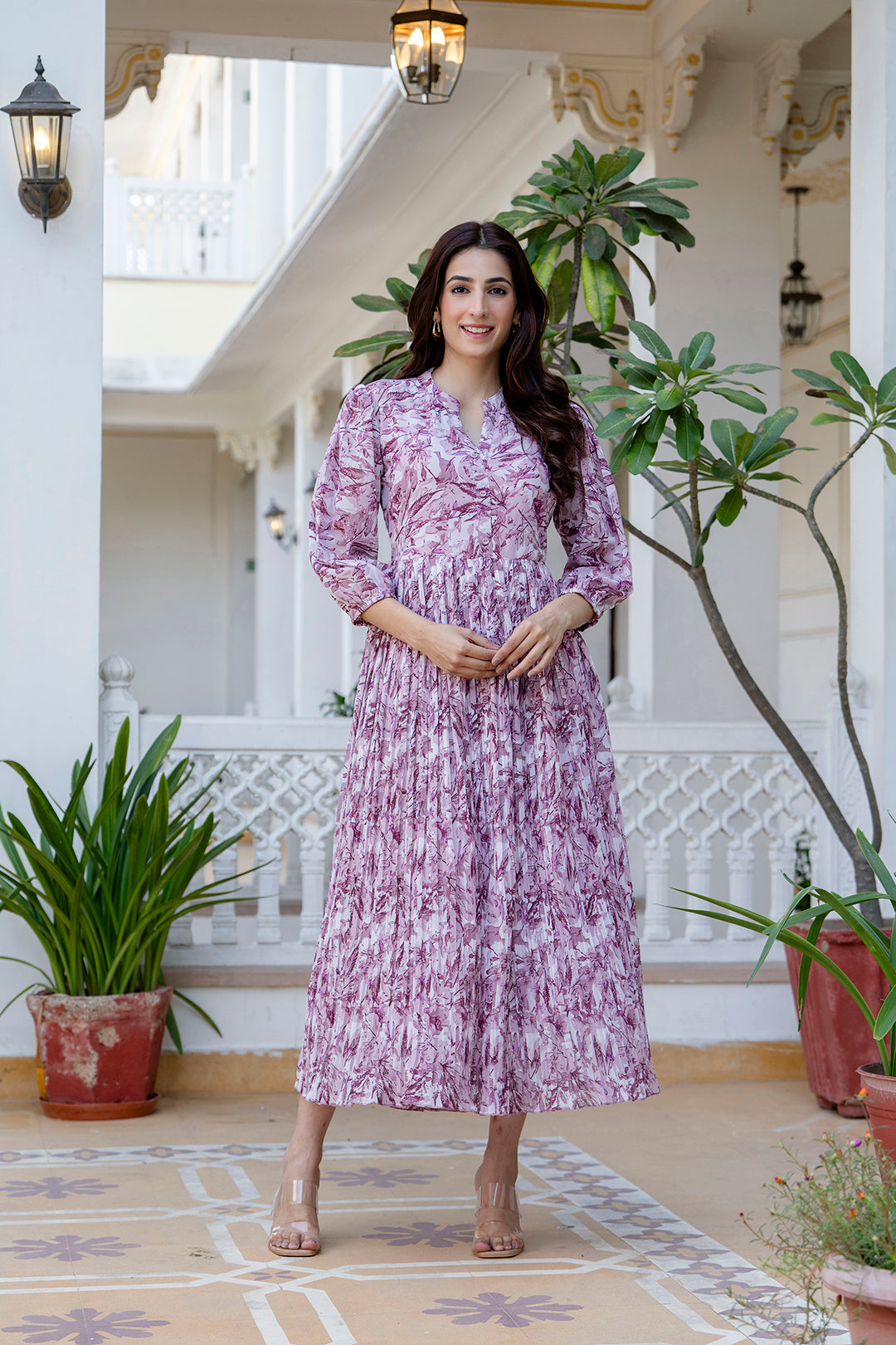 Women Mauve Georgette Pleated Dress | LASVINI - Redefining Indian Fashion with Elegance