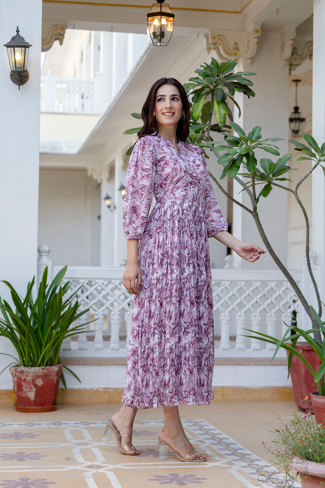 Women Mauve Georgette Pleated Dress | LASVINI - Redefining Indian Fashion with Elegance