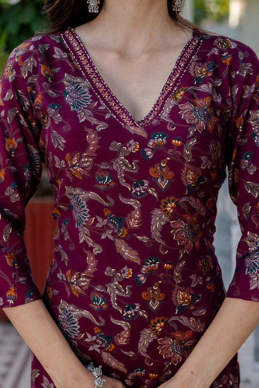 Burgundy Printed Straight Kurta Set With Dupatta for Women | LASVINI - Redefining Indian Fashion with Elegance