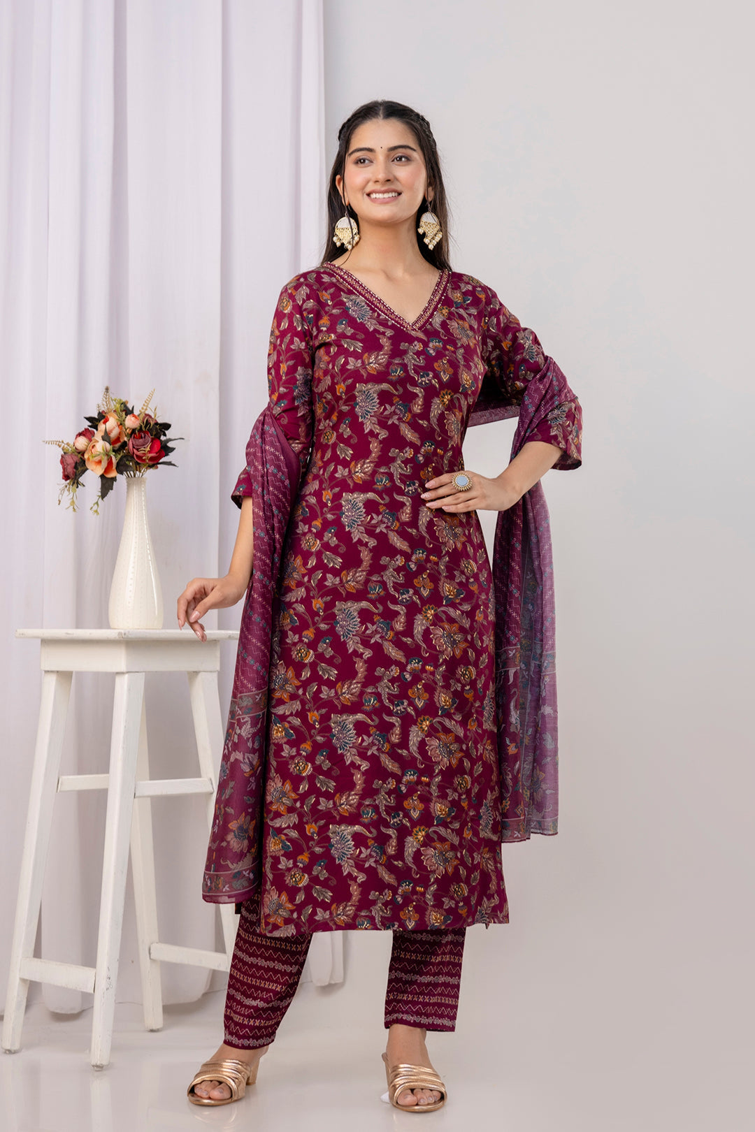 Burgundy Printed Straight Kurta Set With Dupatta for Women | LASVINI - Redefining Indian Fashion with Elegance