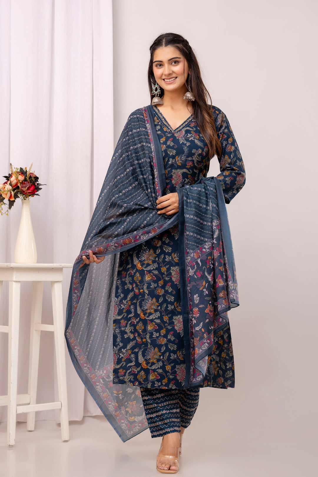 Teal Blue Printed Straight Kurta Set With Dupatta for Women | LASVINI - Redefining Indian Fashion with Elegance