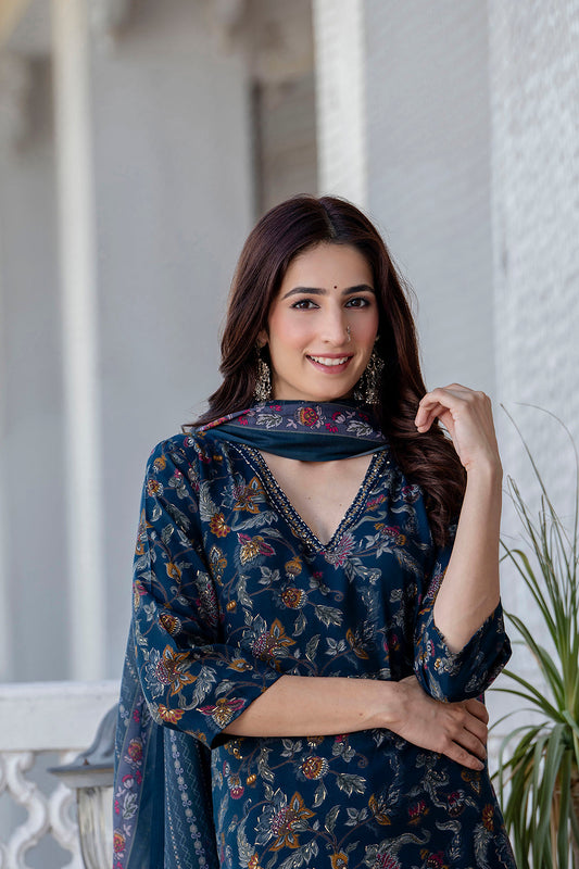 Teal Blue Printed Straight Kurta Set With Dupatta for Women | LASVINI - Redefining Indian Fashion with Elegance
