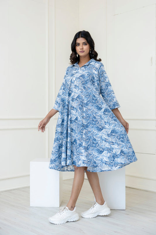 Women Blue Printed Flared Midi Dress | LASVINI - Redefining Indian Fashion with Elegance