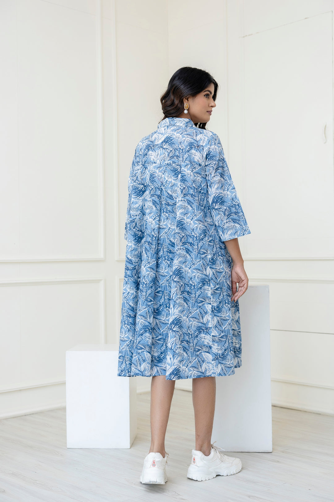Women Blue Printed Flared Midi Dress | LASVINI - Redefining Indian Fashion with Elegance