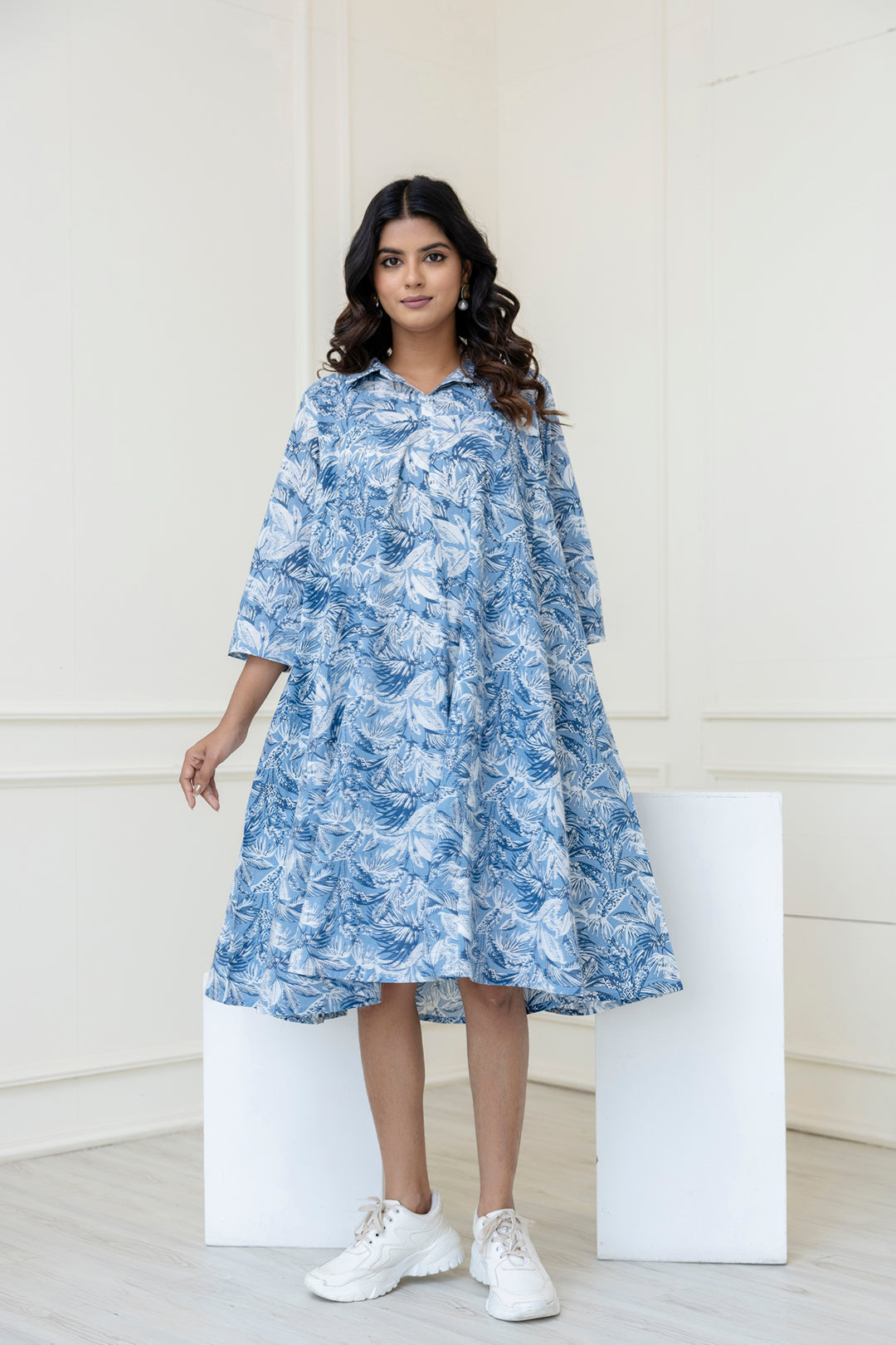 Women Blue Printed Flared Midi Dress | LASVINI - Redefining Indian Fashion with Elegance