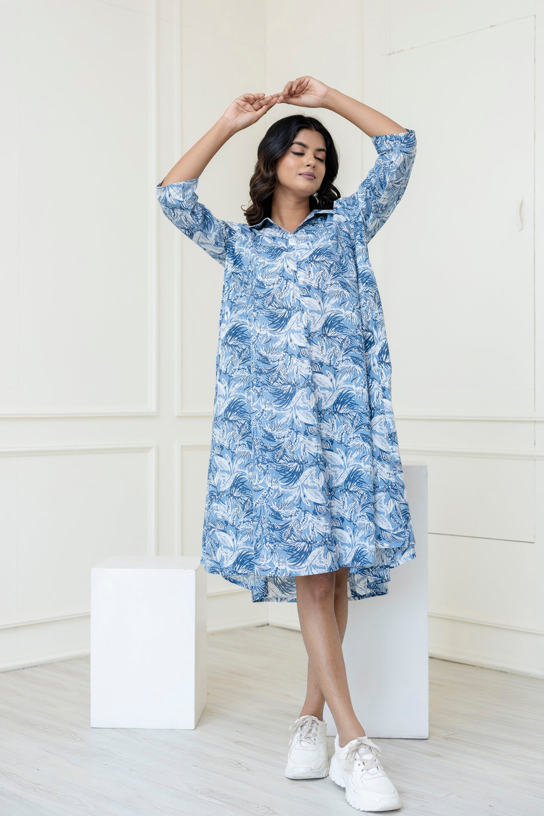 Women Blue Printed Flared Midi Dress | LASVINI - Redefining Indian Fashion with Elegance