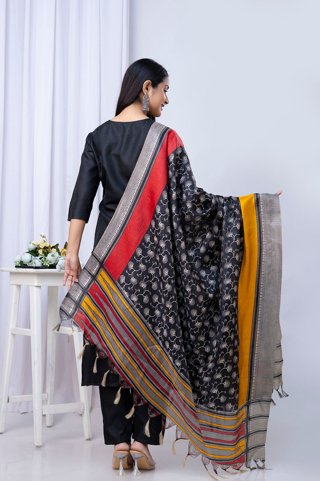 Black Straight Kurta Set With Printed Dupatta for Women | LASVINI - Redefining Indian Fashion with Elegance