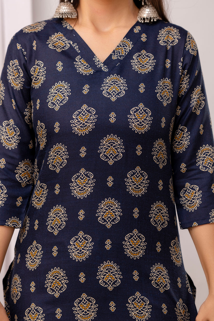 Navy Blue Printed Straight Kurta Set With Dupatta For Women | LASVINI - Redefining Indian Fashion with Elegance