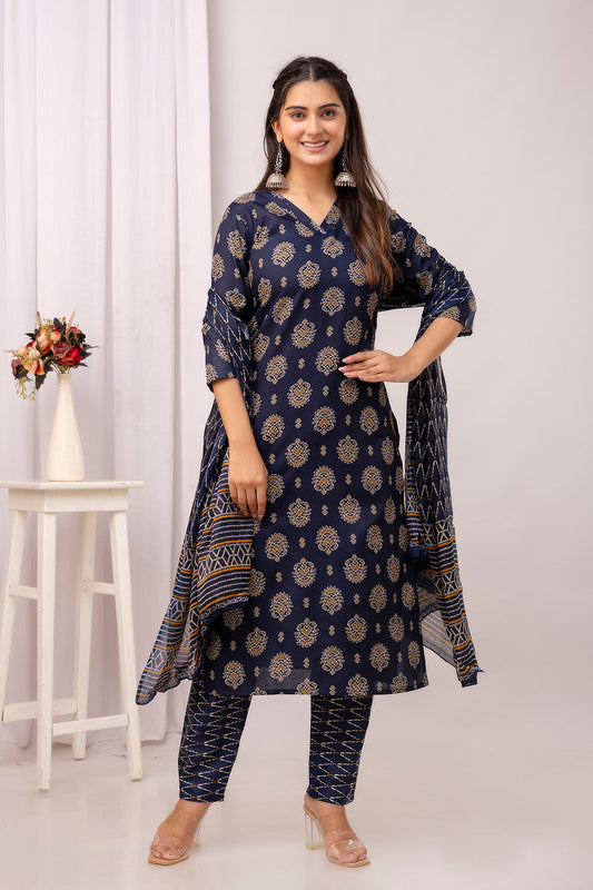 Navy Blue Printed Straight Kurta Set With Dupatta For Women | LASVINI - Redefining Indian Fashion with Elegance