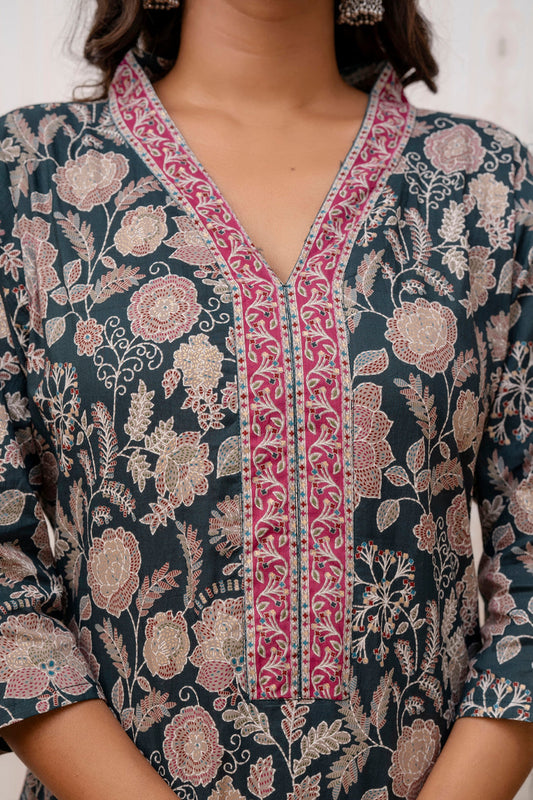 Women Green Printed Straight Kurta with Three Quarter Sleeves | LASVINI - Redefining Indian Fashion with Elegance