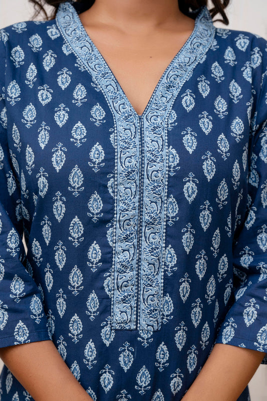 Women Blue Printed Straight Kurta with Three Quarter Sleeves | LASVINI - Redefining Indian Fashion with Elegance