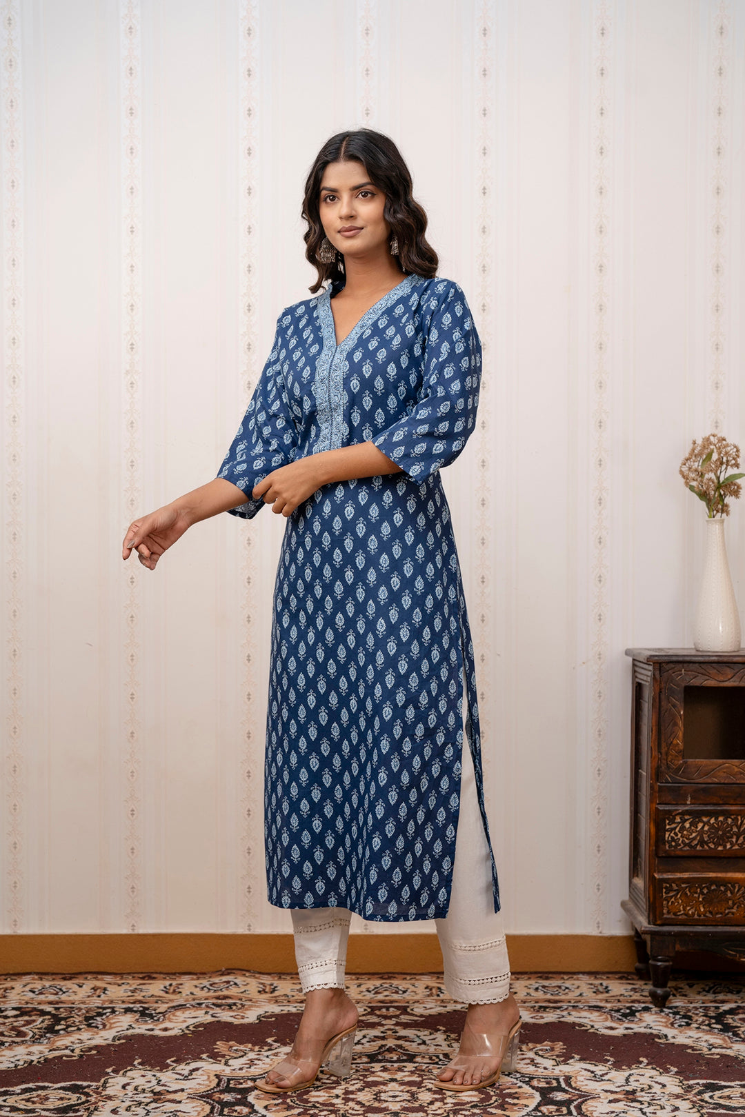 Women Blue Printed Straight Kurta with Three Quarter Sleeves | LASVINI - Redefining Indian Fashion with Elegance
