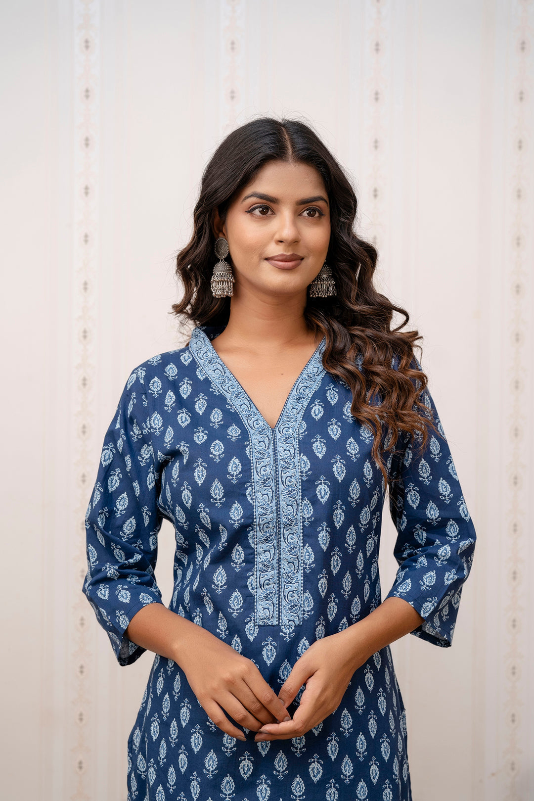 Women Blue Printed Straight Kurta with Three Quarter Sleeves | LASVINI - Redefining Indian Fashion with Elegance