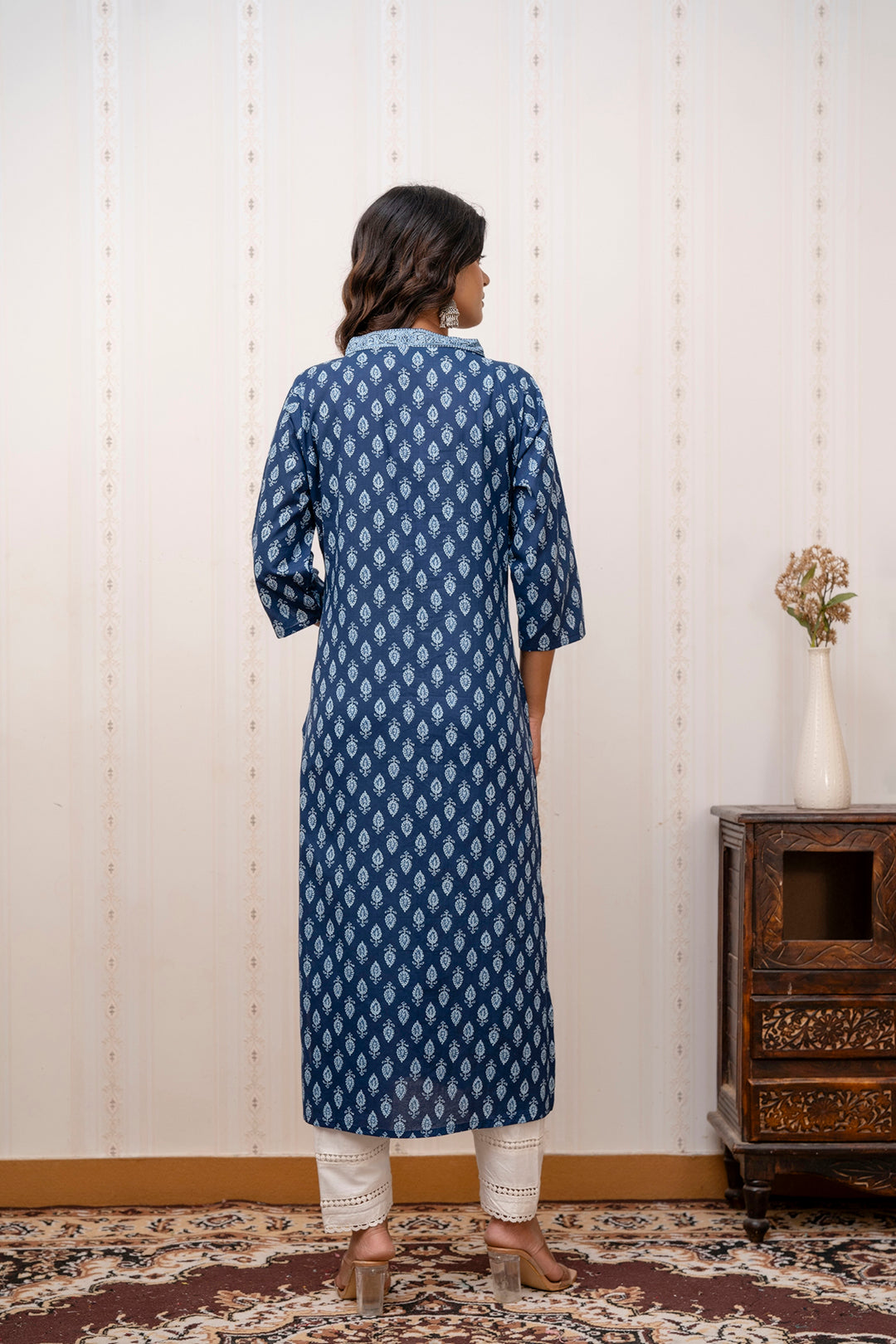 Women Blue Printed Straight Kurta with Three Quarter Sleeves | LASVINI - Redefining Indian Fashion with Elegance