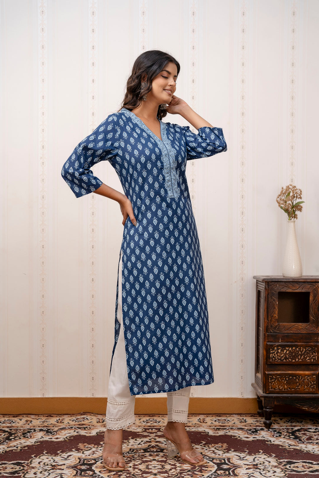 Women Blue Printed Straight Kurta with Three Quarter Sleeves | LASVINI - Redefining Indian Fashion with Elegance
