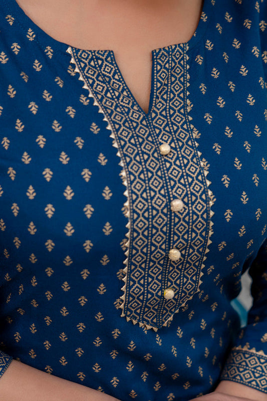 Blue Gold Printed Straight Kurta Set With Net Dupatta for Women | LASVINI - Redefining Indian Fashion with Elegance