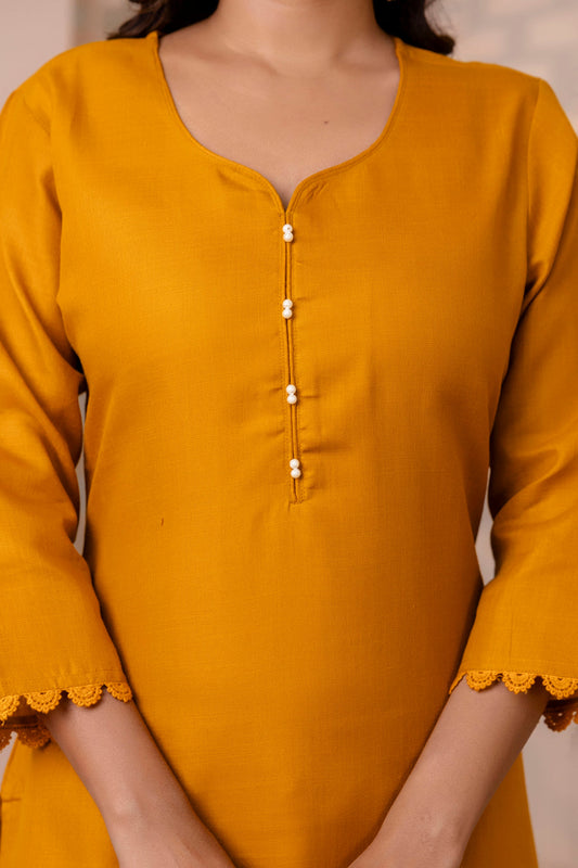 Mustard Straight Kurta Set With Printed Dupatta for Women | LASVINI - Redefining Indian Fashion with Elegance