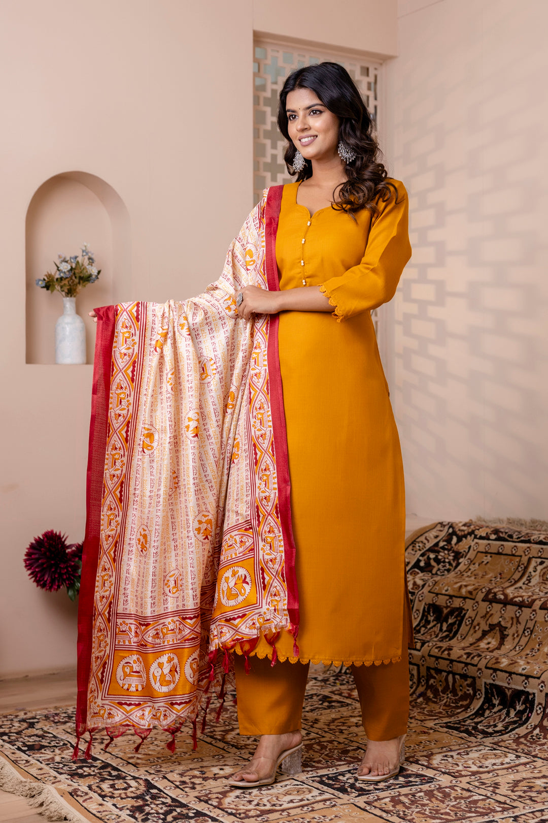 Mustard Straight Kurta Set With Printed Dupatta for Women | LASVINI - Redefining Indian Fashion with Elegance